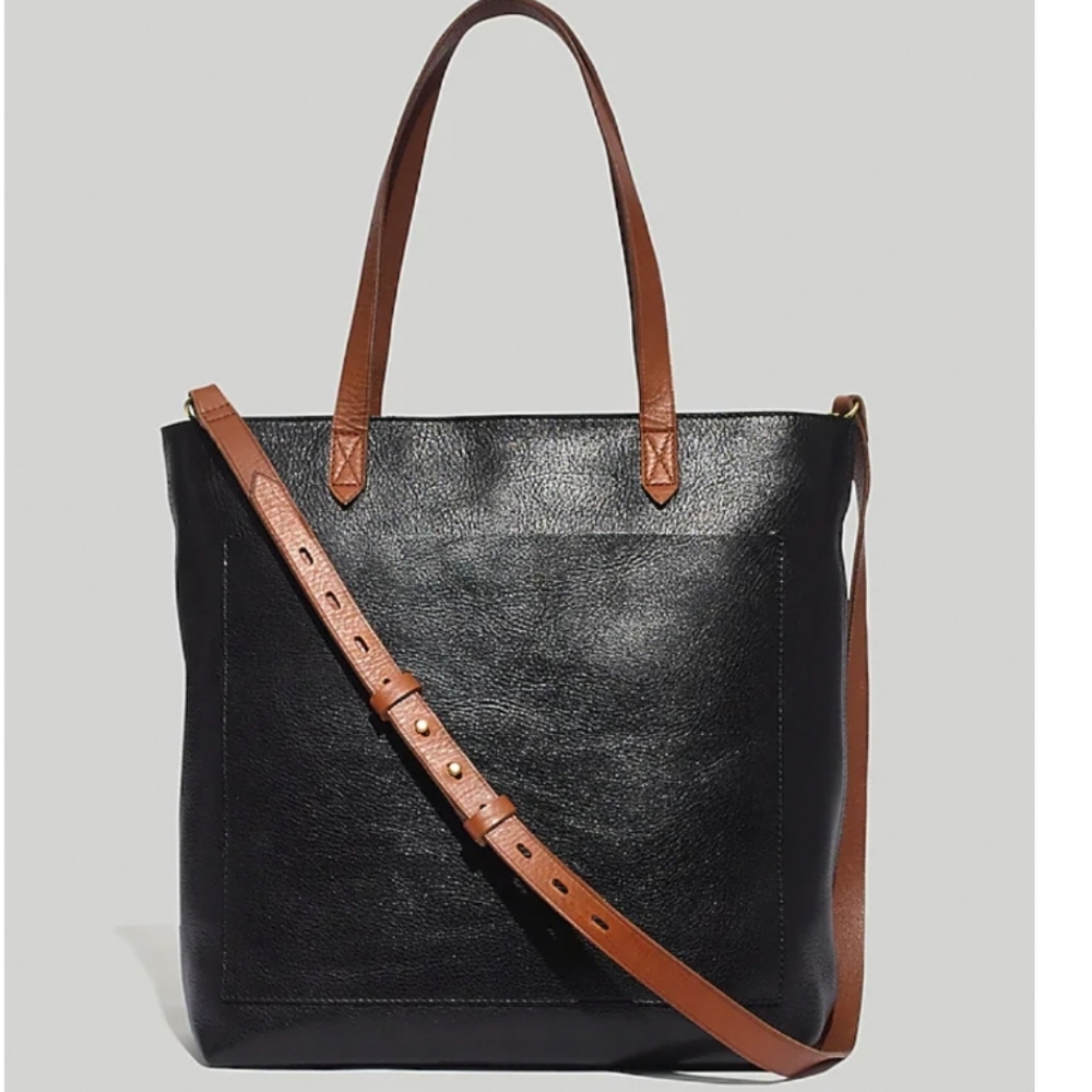 Madewell Black Leather Tote with Brown Straps